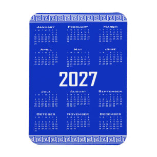 Magnet Flexible Calendrier 2027, Méandre Grec, Blanc sur Bleu Grec
