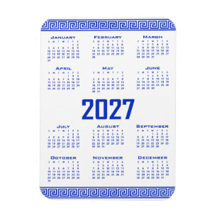 Magnet Flexible Calendrier 2027, Méandre Grec, Bleu Grec sur Fond