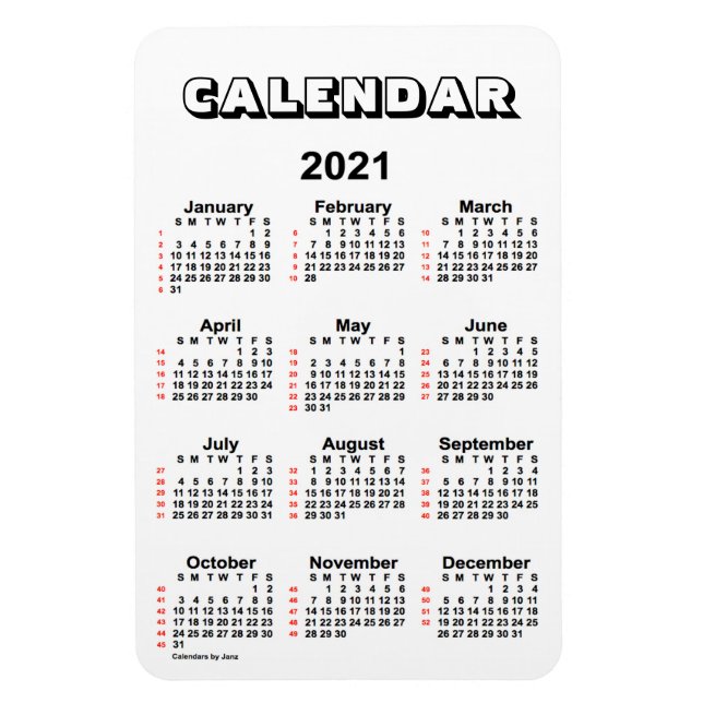 Magnet Flexible Calendrier blanc de 52 semaines 2021 par Janz 4x6  (Vertical)