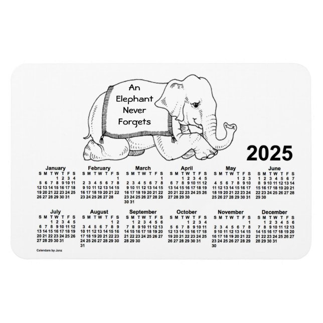 Magnet Flexible Calendrier des éléphants blancs 2025 par Janz 4x6  (Horizontal)