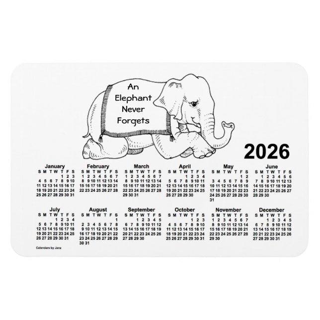 Magnet Flexible Calendrier des éléphants blancs 2026 par Janz 4x6  (Horizontal)
