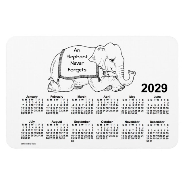 Magnet Flexible Calendrier des éléphants blancs 2029 par Janz 4x6  (Horizontal)