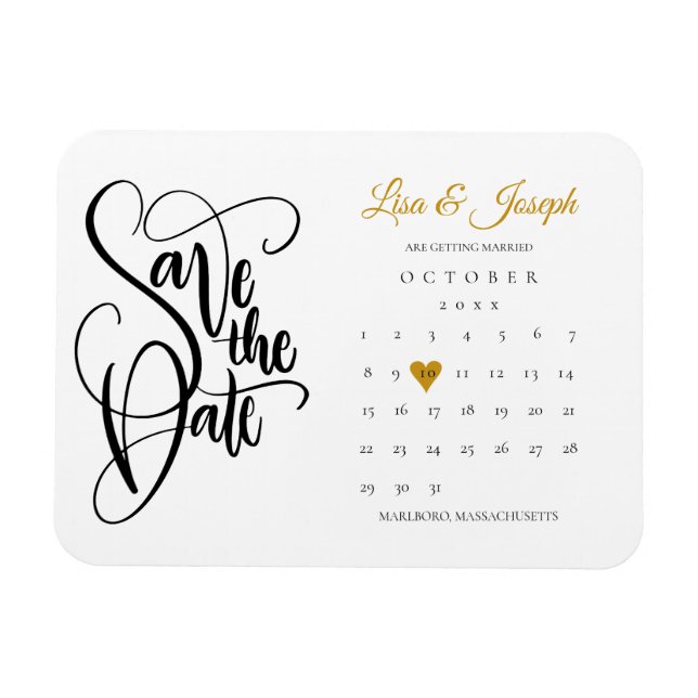 Magnet Flexible Calendrier Gold Love Heart Enregistrer la date (Horizontal)
