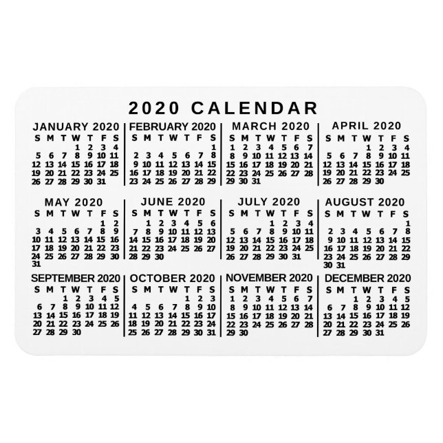 Magnet Flexible Calendrier mensuel 2020 Classic Blanc et Noir (Horizontal)