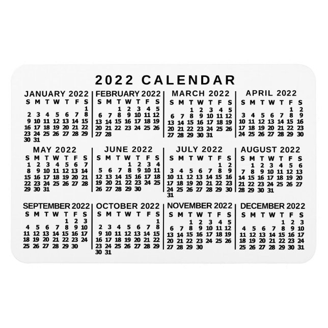 Magnet Flexible Calendrier mensuel 2022 Année Classique Blanc et N (Horizontal)