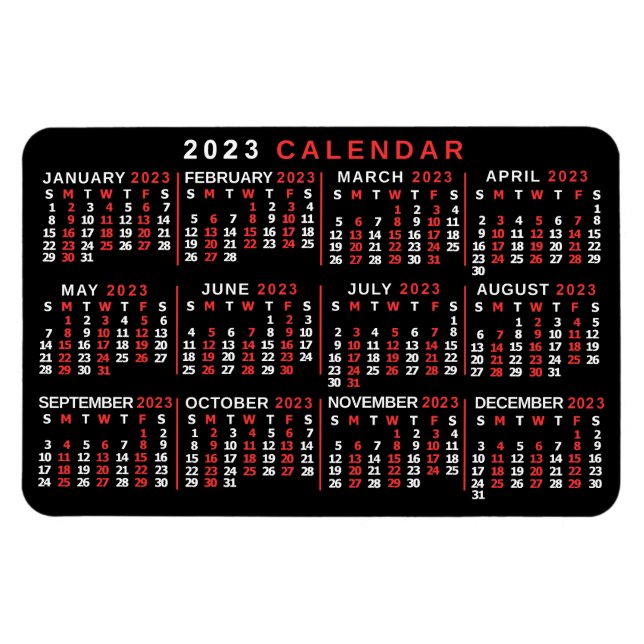 Magnet Flexible Calendrier mensuel 2023 Année Classique Noir Rouge (Horizontal)