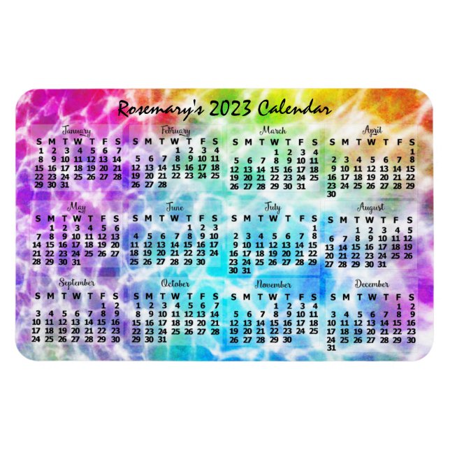 Magnet Flexible Calendrier mensuel 2023 Tiedye Hippie Arc-en-ciel (Horizontal)