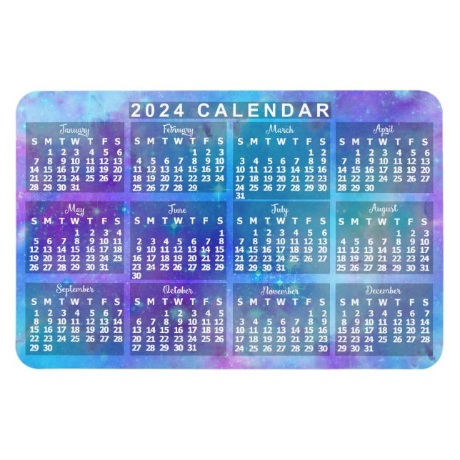 Magnet Flexible Calendrier mensuel 2024 Etoiles d'aquarelle bleue (Horizontal)