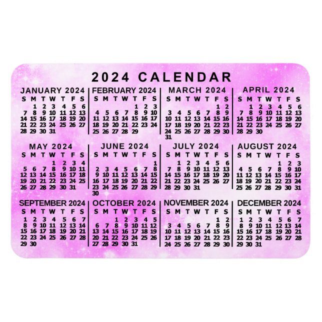Magnet Flexible Calendrier mensuel 2024 Étoiles d'aquarelle rose (Horizontal)