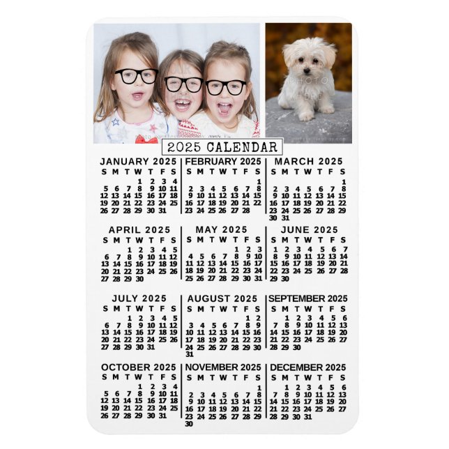 Magnet Flexible Calendrier mensuel 2025 Année Blanc | Modèle photo (Vertical)
