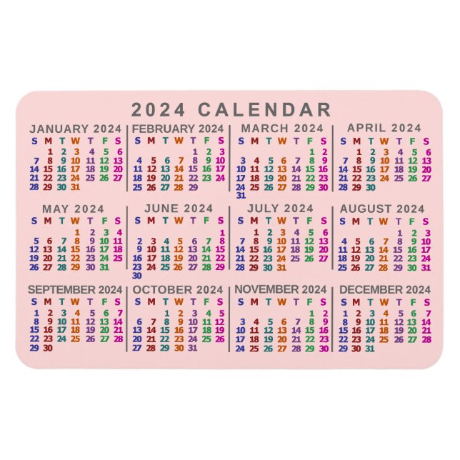 Magnet Flexible Calendrier mensuel de 2024 rose pâle (Horizontal)