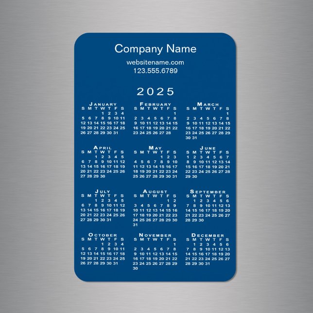 Magnet Flexible Calendrier minimum 2025 Nom de la société Bleu (Minimal 2025 Calendar Company Name Blue Magnet in situ)
