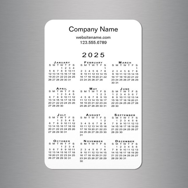 Magnet Flexible Calendrier minimum 2025 Nom de l'entreprise Inform (Minimal 2025 Calendar Company Name Info on White Magnet in situ)