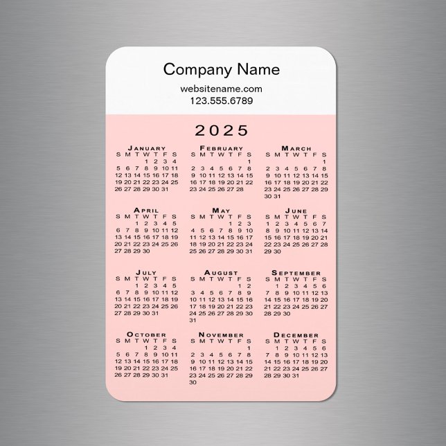 Magnet Flexible Calendrier moderne 2025 Nom de l'entreprise Info R (Modern 2025 Calendar Company Name Info Pink White Magnet in situ)