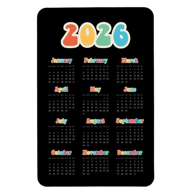 Magnet Flexible Calendrier noir Hippie 2025 des années 60 rétro (Vertical)