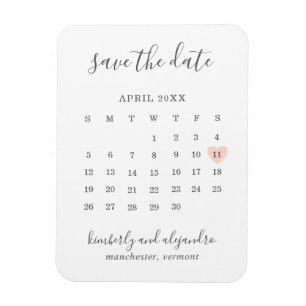 Magnet Flexible Calendrier simple Save the Date cœur pêche pastel