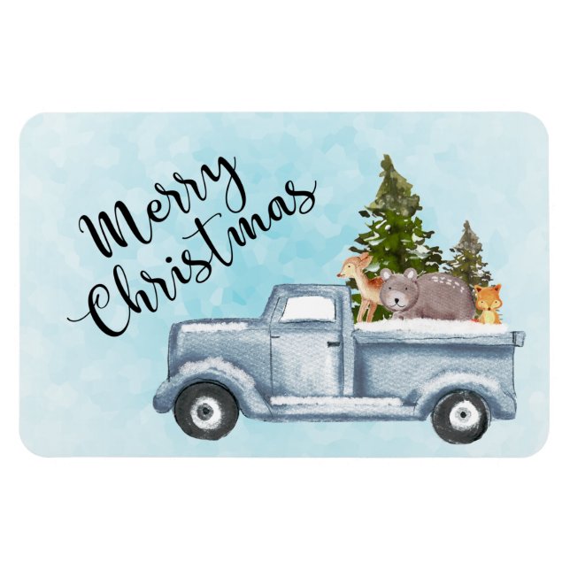 Magnet Flexible Camion de Noël avec pins et animaux de forêt (Horizontal)