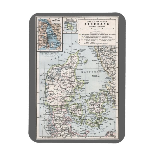 Magnet Flexible Carte antique du Danemark, Danmark en danois, 1905 (Vertical)