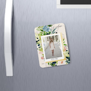 Magnet Flexible Carte de graduation photo florale bleu nuit M