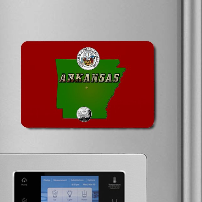 Magnet Flexible Carte de l'Arkansas, sceau et quartier des Faux (Arkansas Map, Seal and State Faux Quarter Flexible Magnet)