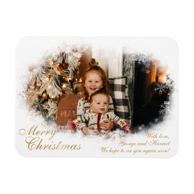 Magnet Flexible Carte de Noël Elegant Neige Blanc et Or (Horizontal)
