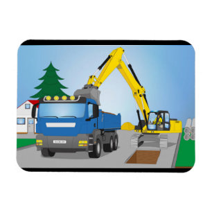 Magnet Flexible Chantier de route avec camion bleu et drague jaune