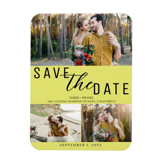 Magnet Flexible Chartreuse Enregistrer la date Mariage 3 photos (Vertical)