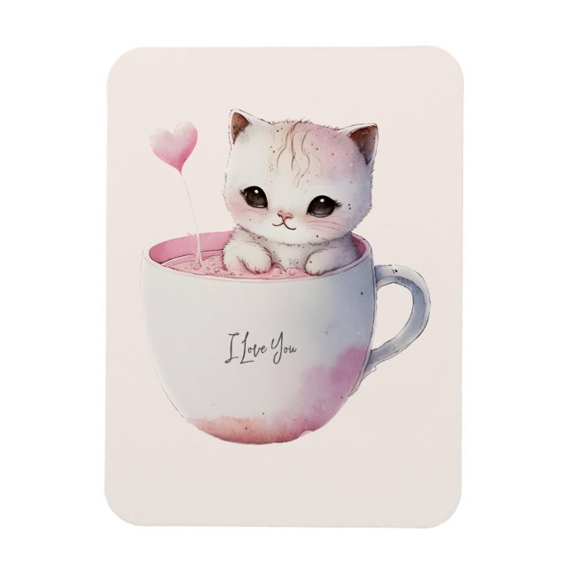 Magnet Flexible Chat blanc-rose mignonne dans une tasse de thé (4) (Vertical)