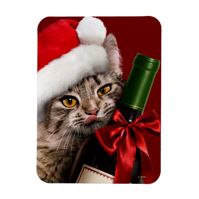 Magnet Flexible Chat De Noël Avec Bouteille De Vin (Vertical)