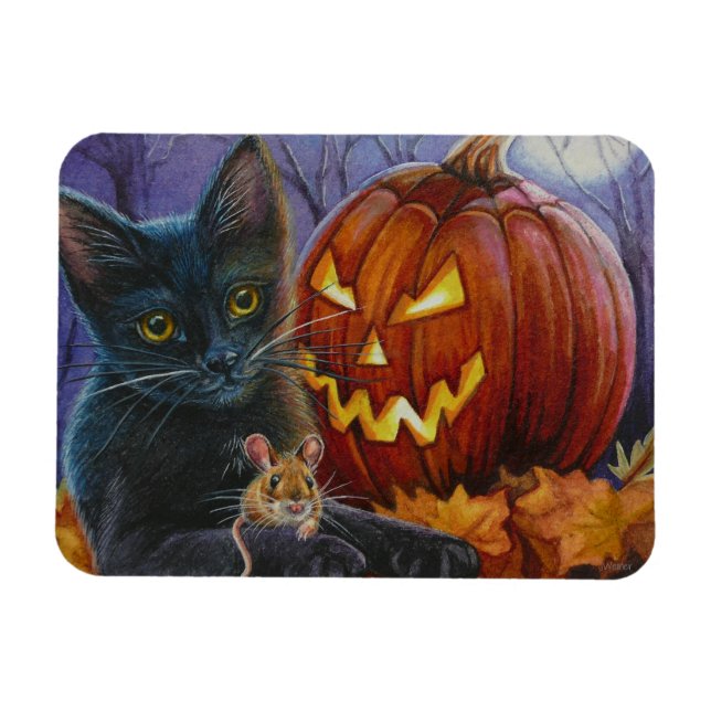 Magnet Flexible Chat d'Halloween et souris n° 2 Aquarelle Art (Horizontal)