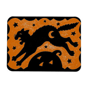 MAGNET FLEXIBLE CHAT HALLOWEEN JUMPANT SUR CITROUILLE, NOIR & ORAN