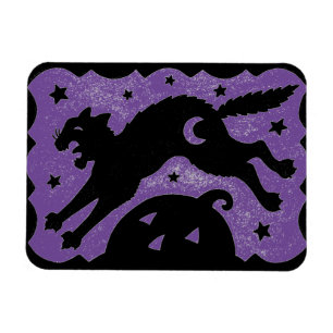 MAGNET FLEXIBLE CHAT HALLOWEEN SOMMANT SUR CITROUILLE, NOIR & PURP