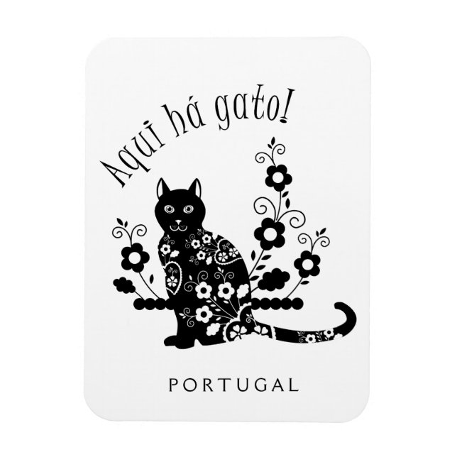 Magnet Flexible Chat noir avec fleurs et expression portugaise (Vertical)