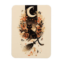 Chat noir sur le balai de sorcière sous la lune
