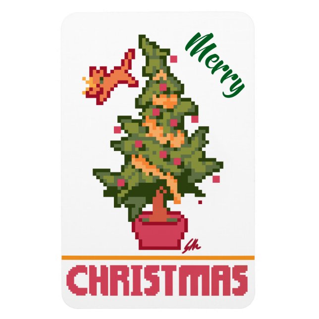 Magnet Flexible chat voleur, arbre, Pixel Art, Joyeux Noël  (Vertical)