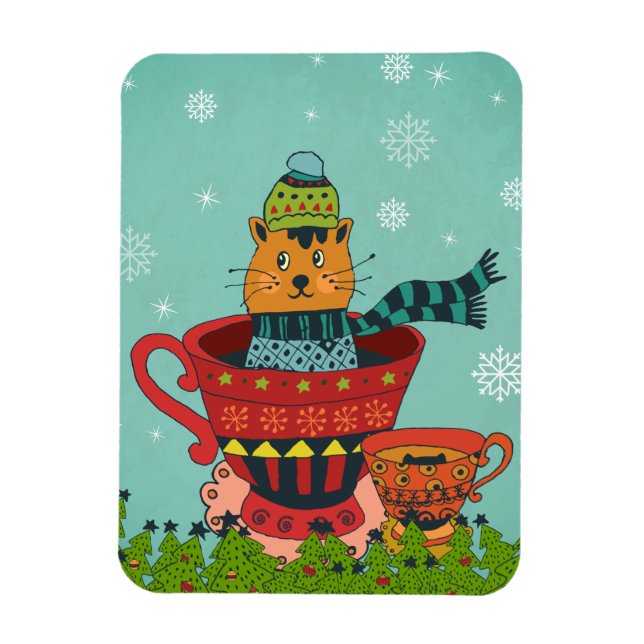 Magnet Flexible Chat Whimsical assis dans un thé Noël (Vertical)