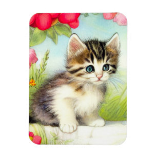 Magnet Flexible Chaton vintage blanc et Brown avec fleurs