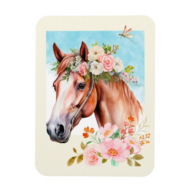 Magnet Flexible Cheval et Fleurs aquarelles Flexibles (Vertical)