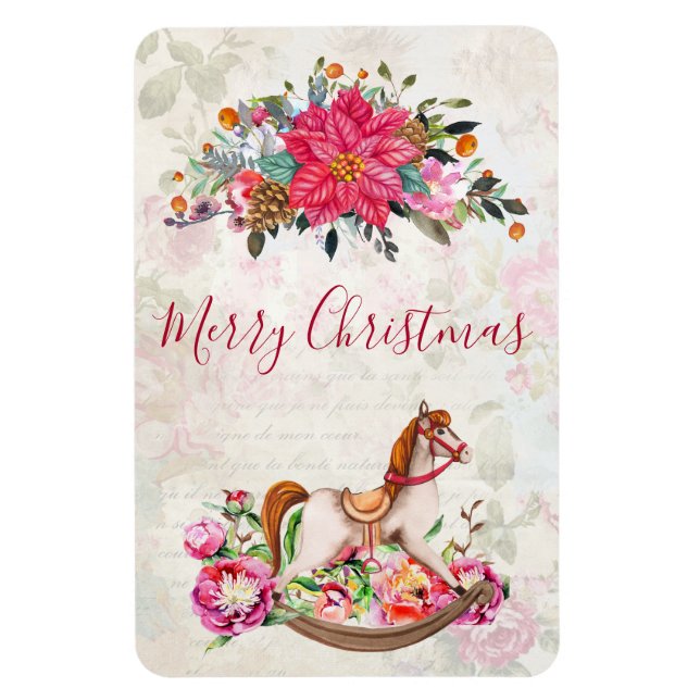 Magnet Flexible Cheval rocheux victorien et Poinsettia Noël (Vertical)