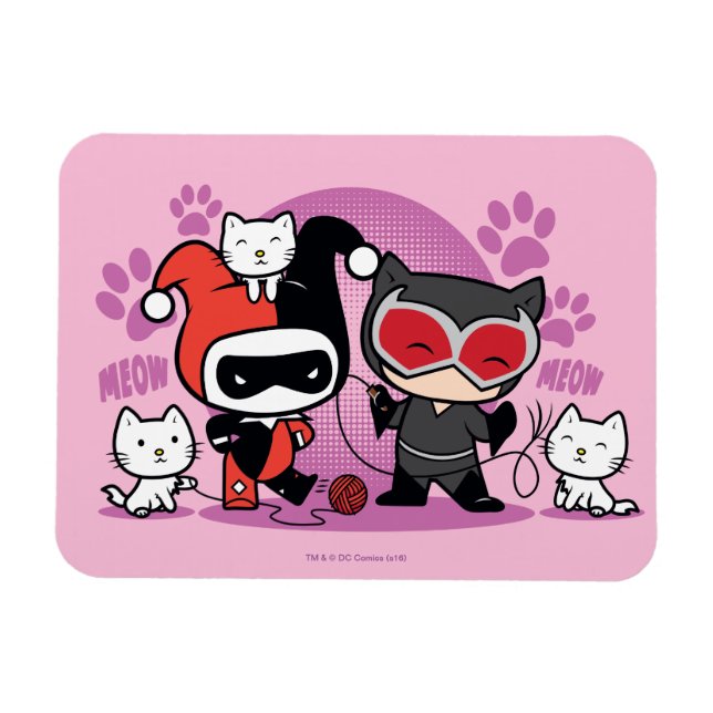 Magnet Flexible Chibi Harley Quinn & Chibi Catwoman Avec Chats (Horizontal)