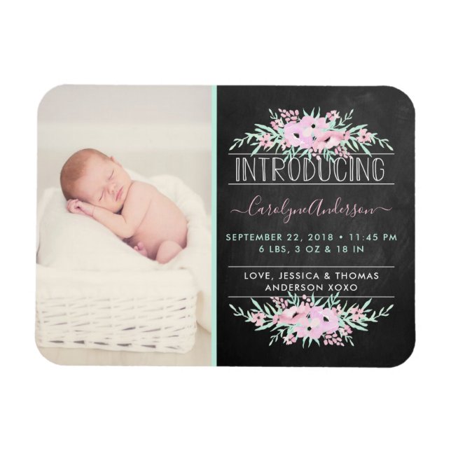 Magnet Flexible Chic Monnaie Vert & Fleurs Roses Faire-part de nai (Horizontal)