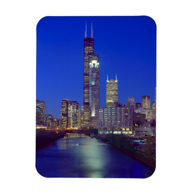 Magnet Flexible Chicago, Illinois, Skyline la nuit avec Chicago (Vertical)