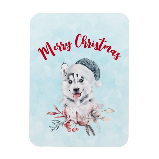 Magnet Flexible Chien de Noël Husky dans un chapeau de Père Noël (Vertical)