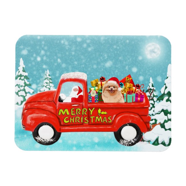 Magnet Flexible Chien de Poméranie Livraison de Noël Camion (Horizontal)