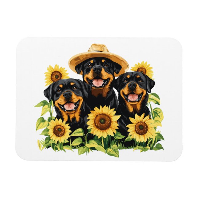 Magnet Flexible Chiens Rottweiler Entourés De Tournesols (Horizontal)