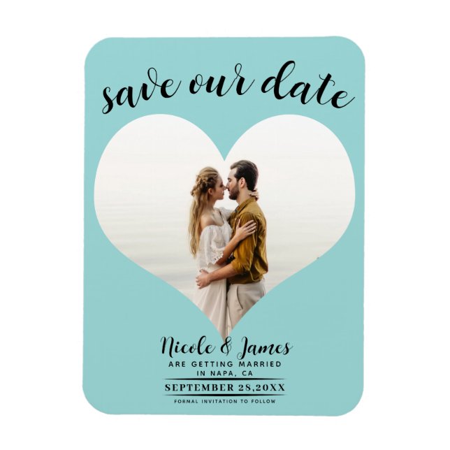 Magnet Flexible Cœur de Photo de Mariage Bleu Turquoise Enregistre (Vertical)