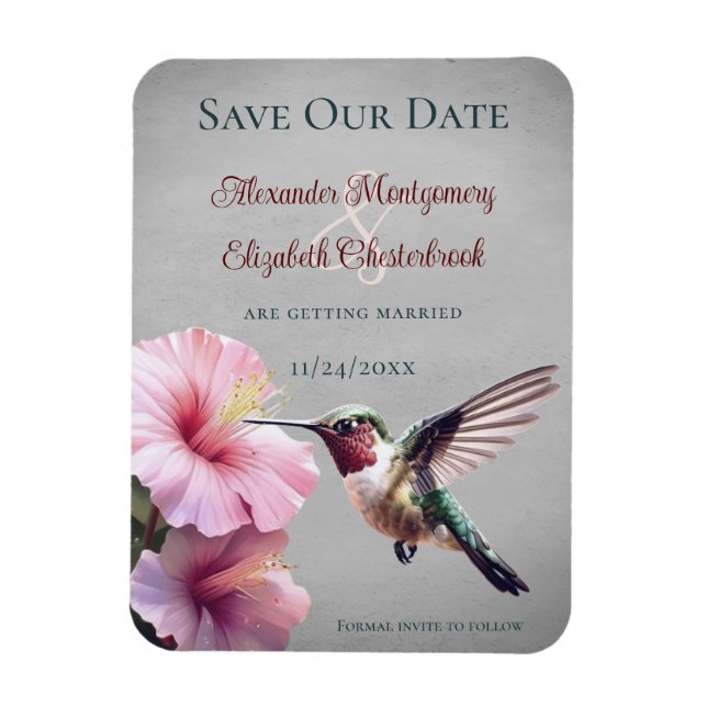 Magnet Flexible Colibri et Hibiscus | Gris Enregistrer la date (Vertical)