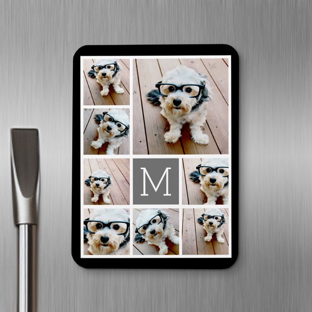 Magnet Flexible Collage photo noir et gris 8 - avec monogramme (Personalized fridge magnet - add photos and custom text)