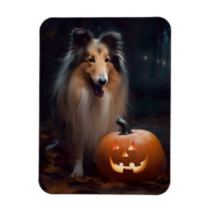 Magnet Flexible Collie Rough Halloween avec citrouilles effrayant