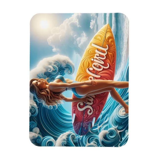Magnet Flexible Confident Surfer Girl Walking Beach Waves Art (Vertical)